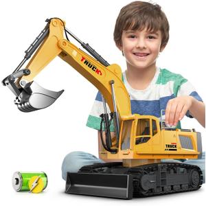 KIDMARKT 21" Large Remote Control Excavator Toy with Metal Bucket & Dozer Blade, 15-Channel RC Excavator Toys for Boys 6+ Kids Adults Construction Vehicles Birthday Gift, 120+Mins/Spray/Sound/Light, 20.5" x 6.5" x 11.2"