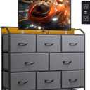 WLIVE Dresser TV Stand with Power Outlets, Led Dresser for Bedroom, Fabric Chest of Drawers with Double Open Shelves, Wood Top, Steel Frame, 6 Drawer Dressers for Closet, Living Room, Dark Grey