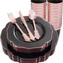 BUCLA 30 Guest Clear Black Plastic Plates With Rose Gold Silverware & Disposable Cups - Rose Gold Rim Plastic Dinnerware Ideal for Party & New Year