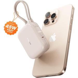 TORRAS 10000mah 45W Power Bank Portable Charger Fast Charging [Ultra Compact] Built in Cable USB C, Travel Essentials Phone Battery Pack Powerbank for iPhone 16 15, Samsung Google Moto etc (Desert Gold)