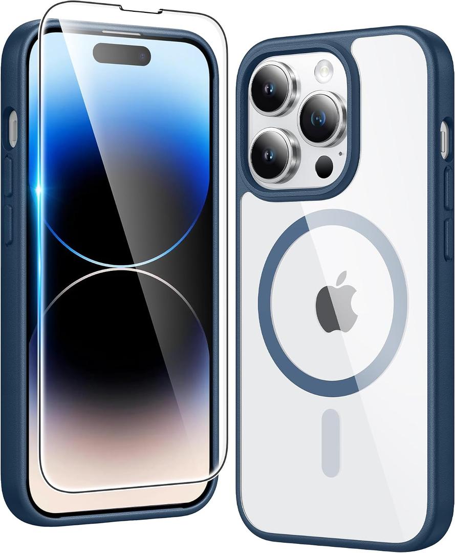 FNTCASE for iPhone 14 Pro Case: Clear Magnetic Phone Cases with Screen Protector Compatible with Magsafe Slim Anti Yellowing Rugged Shockproof Protective Transparent Cell Phone Cover (Blue)