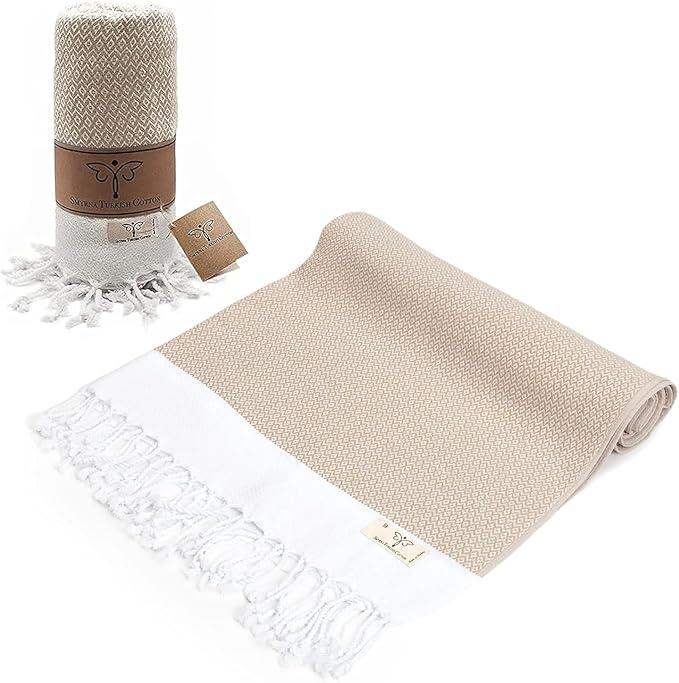 SMYRNA TURKISH COTTON Original Turkish Beach Towel | Prewashed, 37 x 71 Inches | Peshtemal and Turkish Bath Towel for SPA, Beach, Pool, Gym and Bathroom, Beige