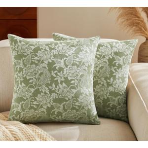 Floral Jacquard Throw Pillow Covers Set of 2, Background/Green 18x18 Inch, Farmhouse Decorative Cotton Sage Green Cushion Covers for Sofa Bed Living Room Home Decor