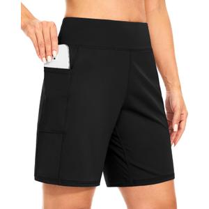 Blouty Women's 7" Bermuda Shorts with Pockets High Waisted Stretch Athletic Long Shorts for Women Workout Casual (Black, L)