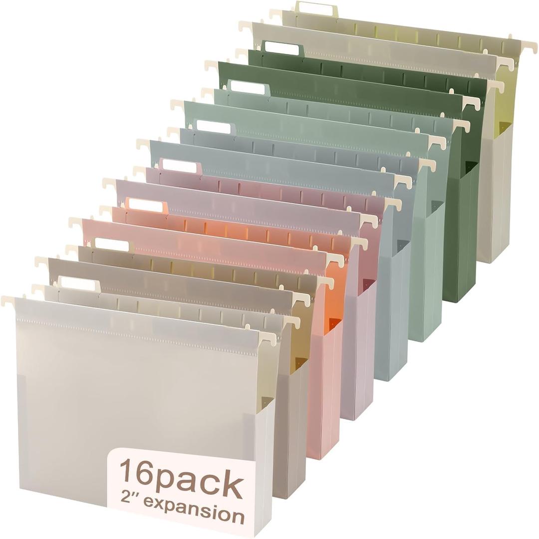 Gisgfim 16 Pack Plastic Hanging File Folder Letter Size 2inch Expanding File Folders with Tabs Extra Capacity Hang Folders Heavy Duty for Filing Cabinet Designed for Bulky Files Morandi Colors