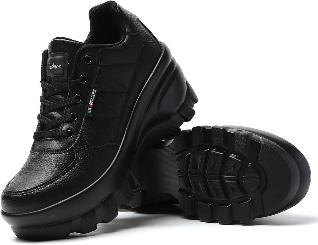 Women Leather Platform Sneakers Wedge Walking Shoes Comfortable Slip-On Non-Slip Work Shoes (6, Black)