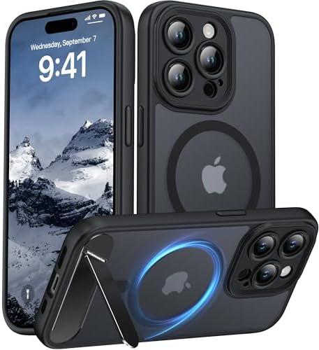 AMILIFECASES Magnetic Compatible with iPhone 15 Pro Case, [Built-in Kickstand][Full Camera Protection][Compatible with MagSafe][Anti-Fingerprint] Shockproof Phone Case for iPhone 15 Pro 6.1",Black