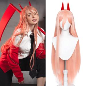 LABEAUT Orange Cosplay -Power Wig + Horns for Women Girls Long Straight Ginger Anime Hair Wigs with Bangs + Cap