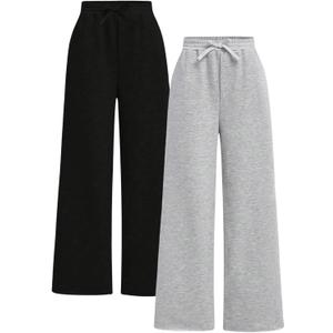 Girl's 2 Pack Sweatpants Elastic Waist Wide Straight Leg Pants High Waisted Casual Baggy Jogger Pants (Multicolor, 7Y)