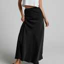Women's Satin Silky High Waist Maxi Skirt Elegant Elastic Waistband A Line Long Skirts (Black)