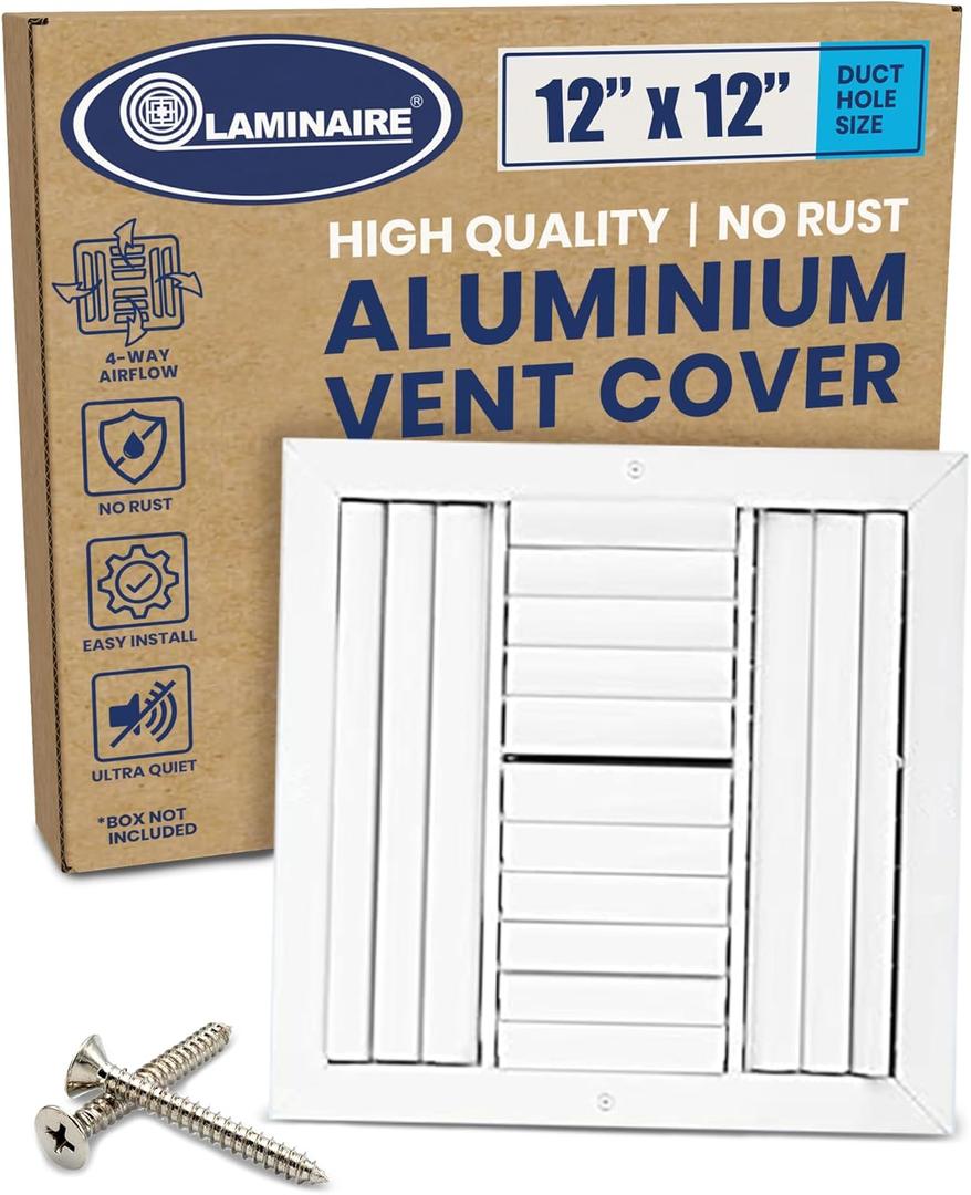 12" x 12" Duct Hole Aluminum 4-Way Air Supply Diffuser - Adjustable AC Vent Cover with Multi-Shutter Damper, Plastic Seal for Quiet, Tight Fit, HVAC Diffuser for Ceiling Vent  Face Size 13.6" x 13.6"