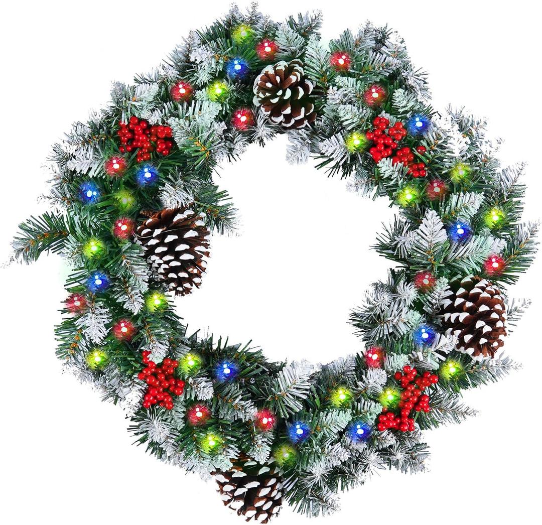 Christmas Wreath,Prelit Christmas Wreath for Front Door Outside,with Pine Cones, Red Berries,Lighted Farmhouse,50 LED Porch Decor(18 in)