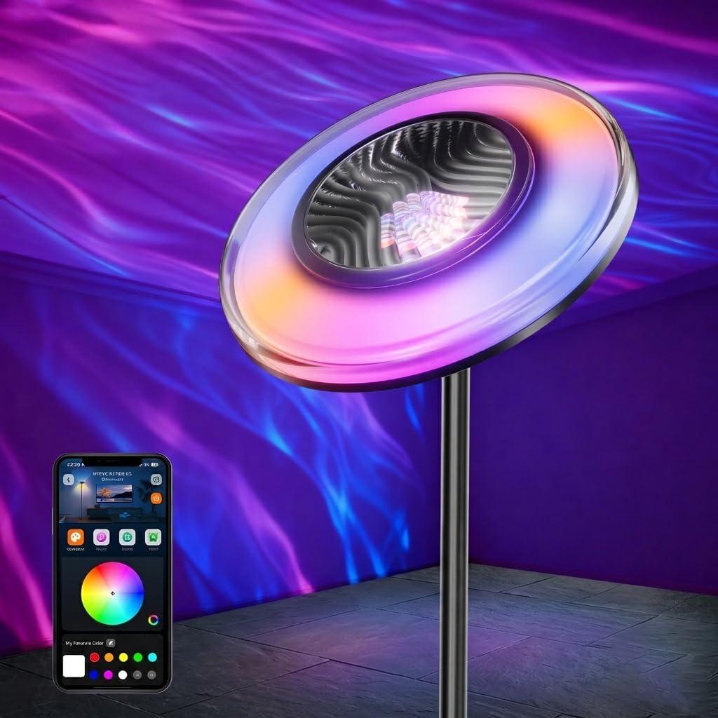 Smart Floor Lamp for Living Room, 66.8" RGB+WW Ripple Projector Floor Lamp for Bedroom, 3-in-1 LED Floor Lamp with RGB+IC Side Light & RA90 Reading Light, Dimmable Mood Light with App Control