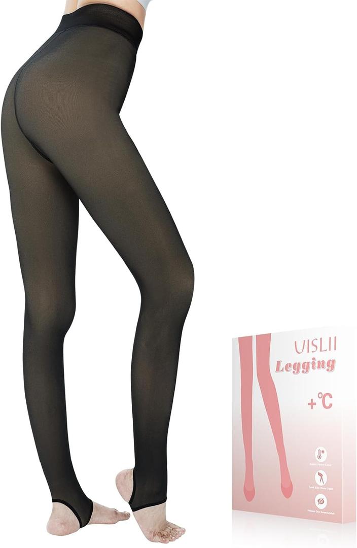 UISLII Fleece Lined Tights Women, Warm Pantyhose leggings Women,Fake Translucent Thermal Skin Colored Tights for Winter (Large Petite)