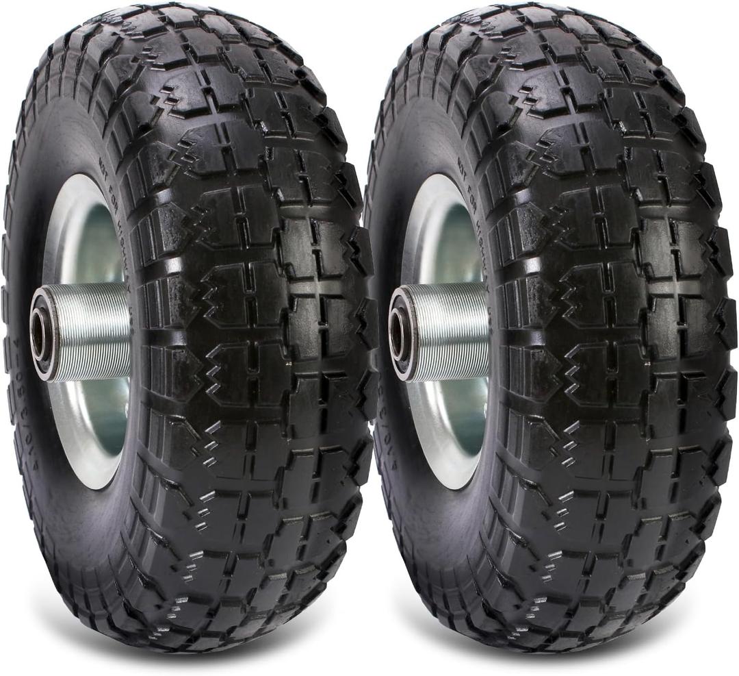 (2 Pack) 10 Inch Solid Polyurethane Tire 4.10/ 3.50-4 Tire, 10" Flat Free Wheels with 5/ 8" Bearings, 2.2" Offset Hub for Garden Cart, Hand Truck, Lawn Cart, Mower