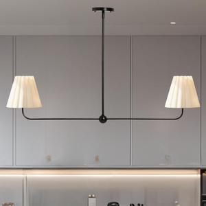 Mid-Century Modern 2-Light Linear Chandelier, Natural Conical Ivory Pleated Linen Hanging Light with Matte Black Frame, Elegant Light Fixture for Dining Room, Kitchen
