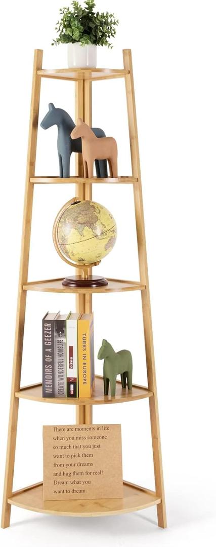 Bamboo Corner Shelf Stand for Display, 59'' Tall Storage Rack, 5-Tier Shelf for Organize