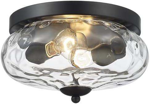 Darkaway Ceiling Light Fixtures Flush Mount Indoor Outdoor Ceiling Light with Water Ripple Glass Shade for Hallway Kitchen Bedroom Porch Living Room Black Finish