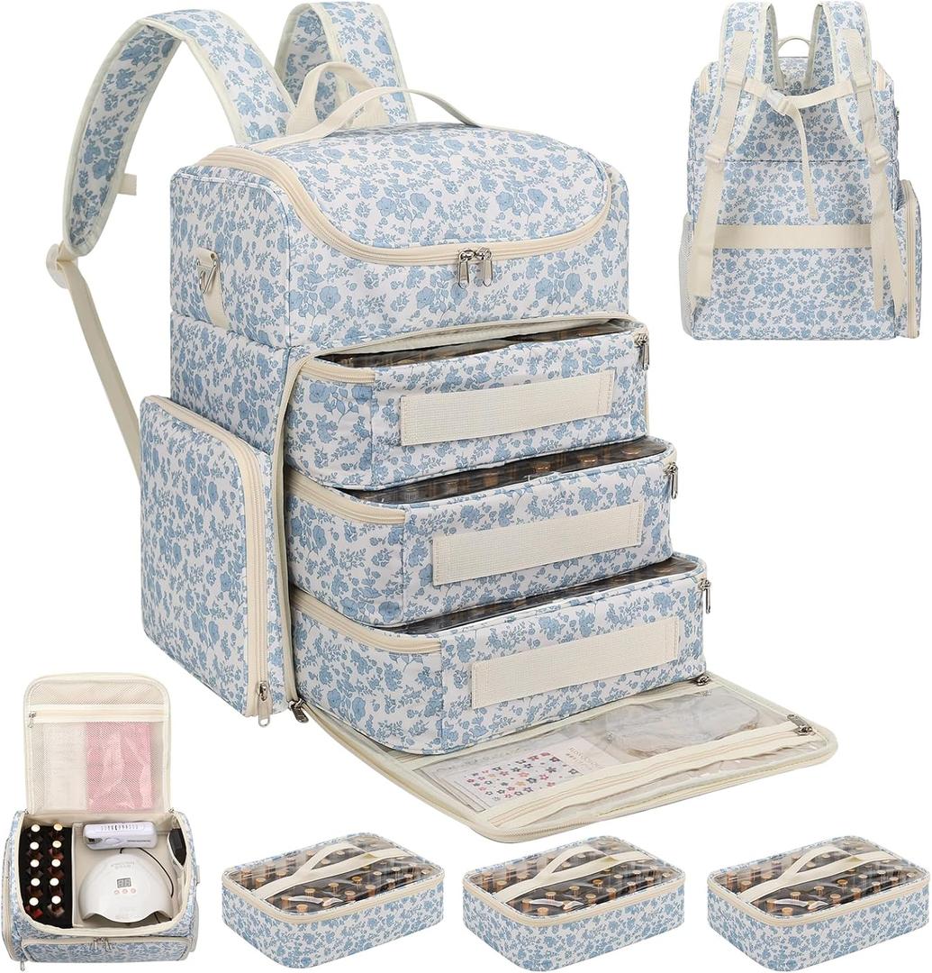 Extra Large Nail Polish Organizer Backpack, Holds 124+ Bottles & Full Size Lamp, Travel Nail Organizers and Storage Bag with 3 Removable Pouches, Portable Nail Supplies Case (Floral Blue, 124 Slots)