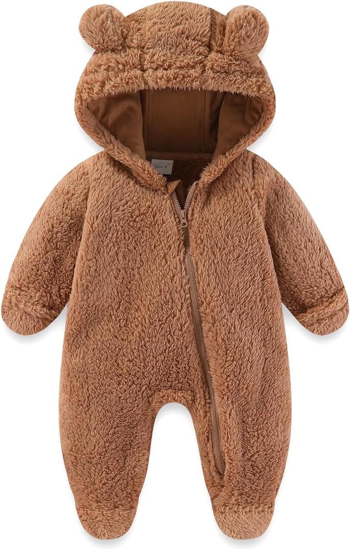 UVIPC Newborn Baby Bear Fleece Outfit Footie Jumpsuit Winter Romper Snowsuit outfit Bear Suit Warm Hooded Outfits, Size 3-6 Months