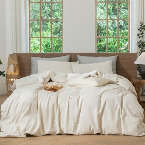 MooMee Striped Duvet Cover Set 100% Washed Cotton Linen Like Textured Breathable Durable Soft Comfy (Almond Milk Grey Pinstripes, King 104"x90")