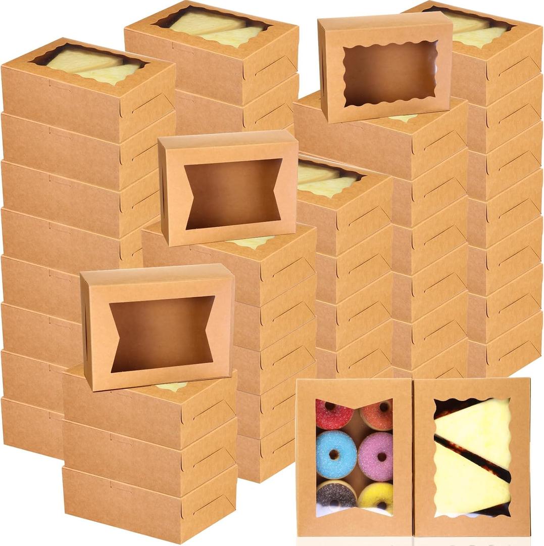 TaoBary 100 Pcs 8 Inch Bakery Boxes 8 x 6 x 2.5 Inch Cookie Pastry Boxes with 2 Style Window for Cookie Treat Chocolate Strawberries Cupcakes Candy Muffins(Kraft)