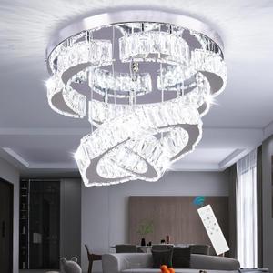 15.7" Modern Crystal Chandelier 2 Rings Round Flush Mount Ceiling Light Flower LED Dimmable Chandeliers for Bedroom Living Room Dining Room (Dimmable) (Z-Dimmable-138)