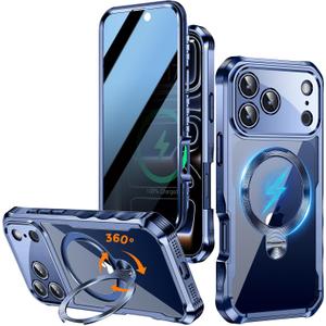 [360 Rotatable CD Stand & Built-in Privacy Screen Magnetic Case for iPhone 17 Pro Max [Compatible with MagSafe & Full Signal] Shockproof Full Body Anti-Spy Cover for 17 Pro Max-Blue