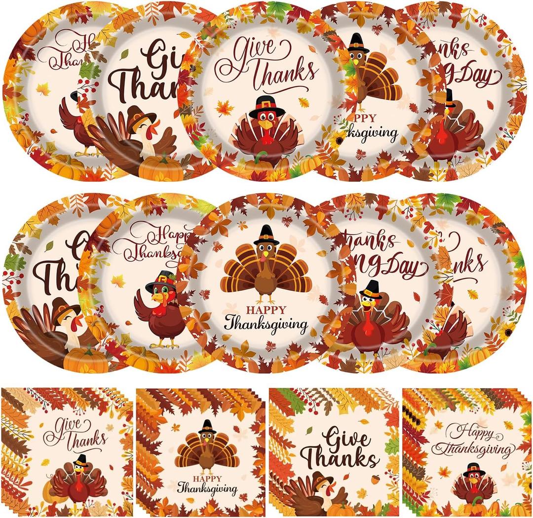 100PCS Thanksgiving Party Decorations, Fall Party Supplies includes Thanksgiving Plates and Napkins Turkey Plates Napkins for Fall Festival Decorations Autumn Party Supplies