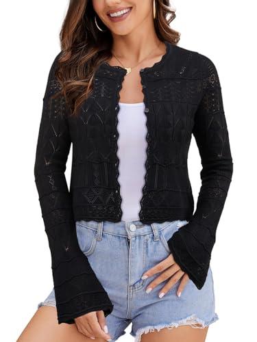 FAIRY SEASON Women's Cropped Cardigan Sweater Bell Long Sleeve 2025 Fall Lightweight Crochet Button Down Casual Elegant Knit Bolero Shrugs for Dresses Black Large