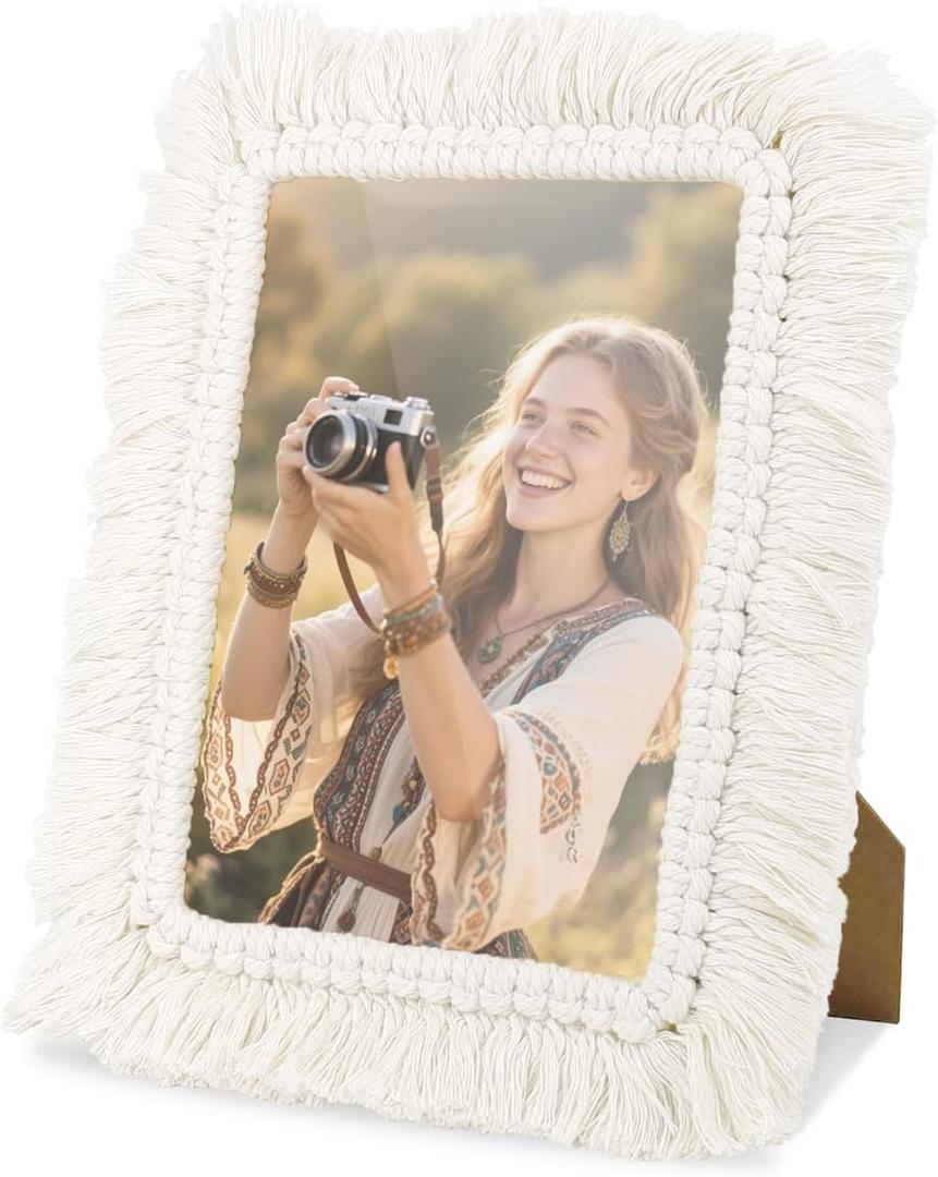 AceList Boho Picture Frame 57, Hand-Woven Picture Frame with Stand for Tabletop Display, Bohemian Decorative Photo Frame for Home Farmhouse Decor, Wedding Gift (White) (5x7)