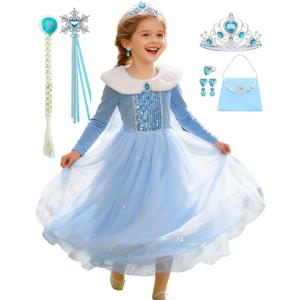 Princess Costume for Girls Snow Princess Dress Up Kids Winter Halloween Birthday Party Blue Outfits (5-6 Years)