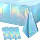 3 Pack Iridescent Light Blue Tablecloth for Parties, Pastel Blue Holographic Plastic Table Cover, Disposable Laser Baby Blue Table Cloth for Birthday Wedding Baby Shower Party Decorations, 54x108 Inch