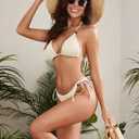 ZAFUL Women's Triangle Bikini Fishnet Halter Two Piece Sexy Swimsuit String Tie Side Bathing Suit (Large, 1-cream)