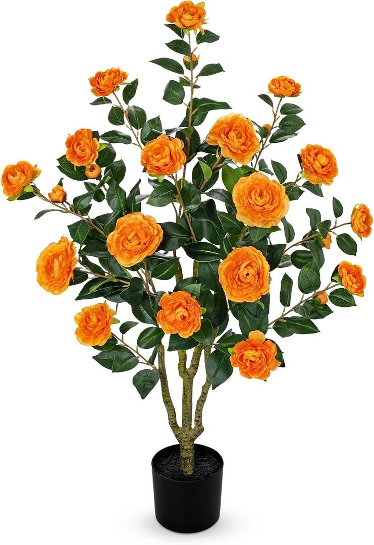 3ft Artificial Camellia Tree Fake Camellia Plant with Orange Flowers