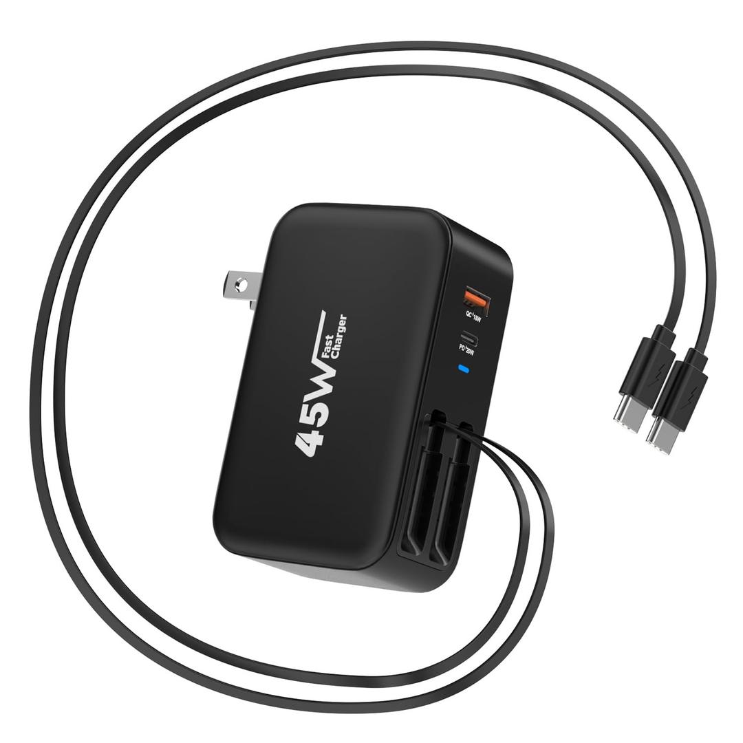 4 in 1 Retractable Wall Charger Fast Charging iPhone 17 Plug,45W Multiport Retractable Phone Charger Foldable Block Dual Port(USB C+USB A) with Dual USB C Cable for iPhone 17/16/15,iPad Pro/Air/Mini