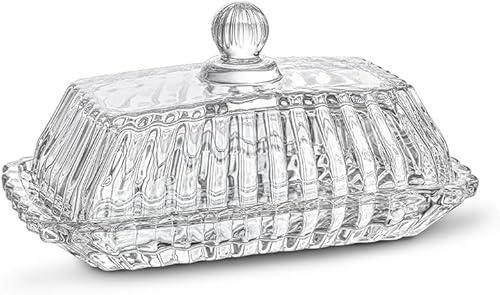 QFkris 6.5'' Glass Butter Dish with Lid,Clear Classic Covered Butter Container For Countertop,Butter Keeper,Butter Holder,Dishwasher Safe, 6.6*3.4*3.4in