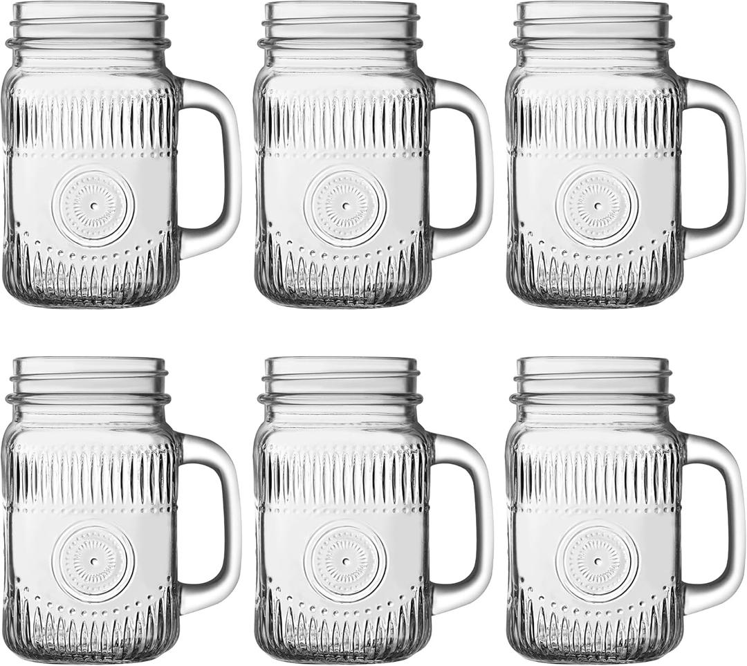 Amzcku vintage Clear Drinking Jar 16 OZ Drinking Jars with Comfortable Handle for Party Beverages 6 pcs