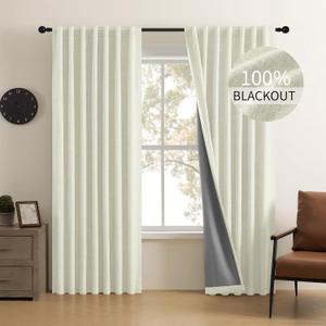 CUCRAF Linen 100% Blackout Curtains 96 Inch Length 2 Panels Set, Back Tab and Rod Pocket Curtain for Living Room Bedroom, Room Darkening Window Drapes Thermal Insulated, (52x96 inch, Light Beige)