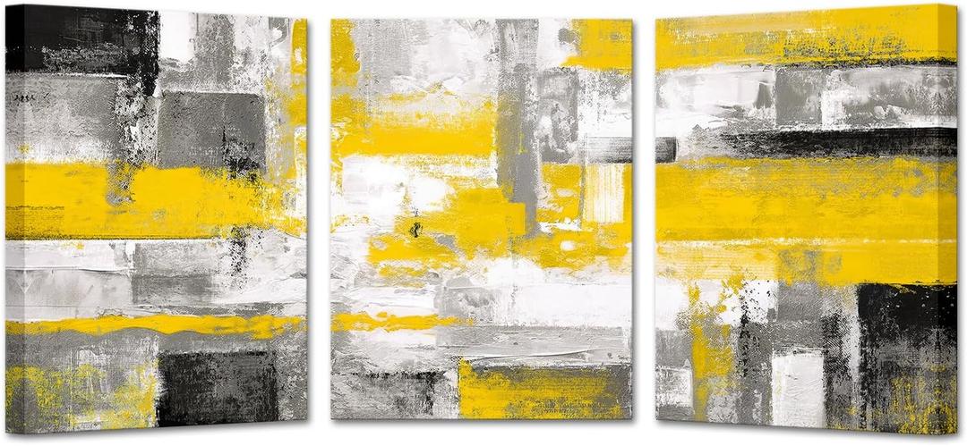 KREATIVE ARTS 3 Pieces Abstract Canvas Poster Prints Contemporary Creative Yellow Grey Picture Wall Art Framed Artwork Ready to Hang Living Room Bedroom Each Panel 12x16 Inches