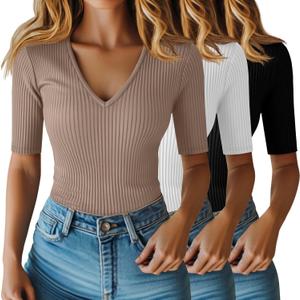 Riyiper 3 Pack Women's Half Sleeve Top Elbow Length Ribbed Cotton T Shirt Women V Neck Summer Tee Slim Fit Casual Blouses (Medium, Black, White, Khaki)