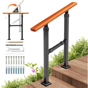 Outdoor Stair Handrail Kit, Indoor Iron Wood Grain Hand Railing, Fits 1-2 Steps