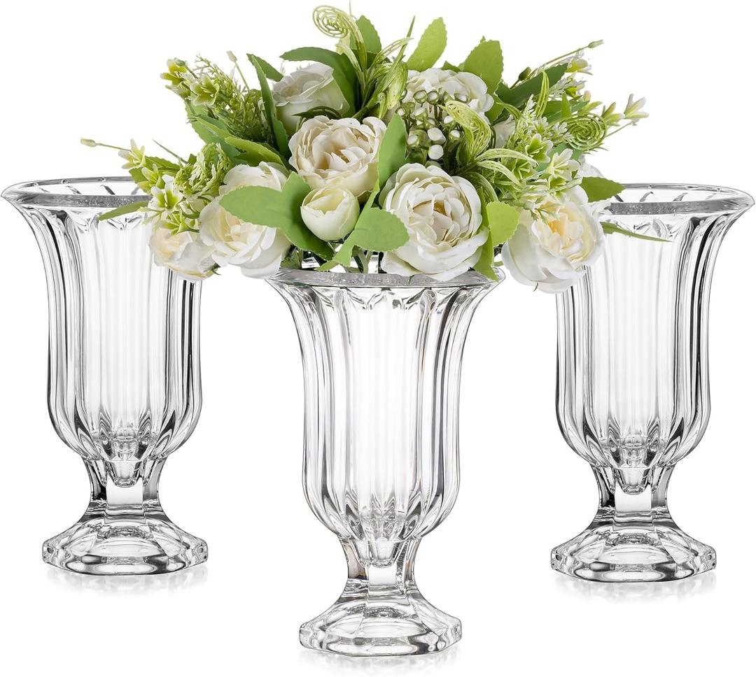 Glasseam Pedestal Glass Vase for Flowers, 7.5in Tall Compote Vase Set of 3, Crystal Clear Vases for Centerpieces, Ribbed Decorative Vases for Home Decor, Cute Footed Urn for Living Room Decorations