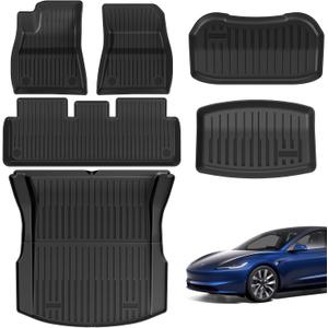 Tesla Model 3 Floor Mats 2021–2023, All-Weather Custom Fit Full Set Car Mats (6pcs) with Front & Rear Cargo Liner, Trunk Tray Interior Accessories, Pet & Child-Friendly