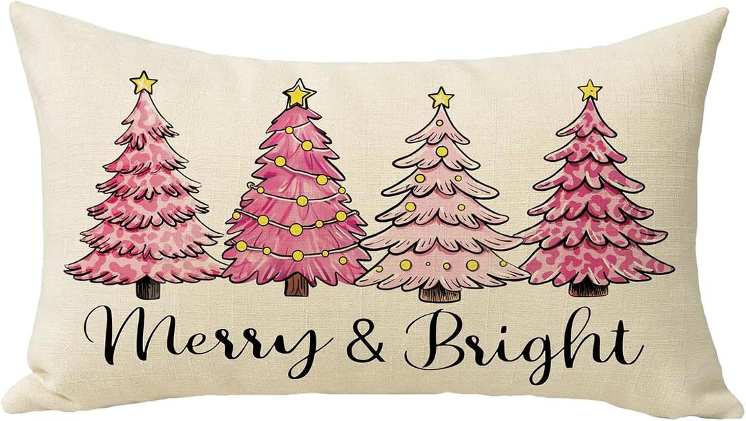 Pink Christmas Tree Decorative Throw Pillow Cover 12 x 20, Rectangular Xmas Pine Trees Outdoor Home Decor, Merry and Bright Winter Holiday Sofa Couch Cushion Case