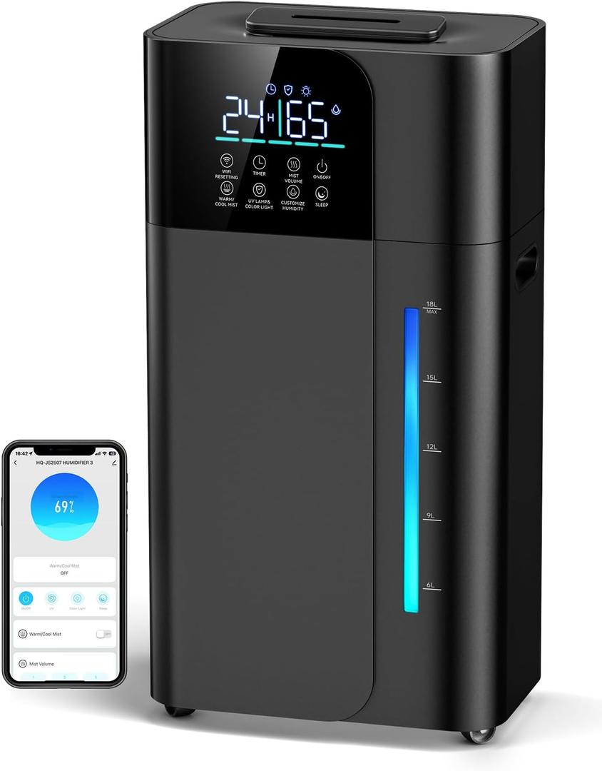 18L/4.7Gal Smart Humidifier Large Room, Warm & Cool Mist Humidifiers, Up to 2500 sq ft Whole House Coverage, 800mL/h Output, 24H Timer, Top Fill, 70H Runtime, Humidifier for Bedroom, Home, Office