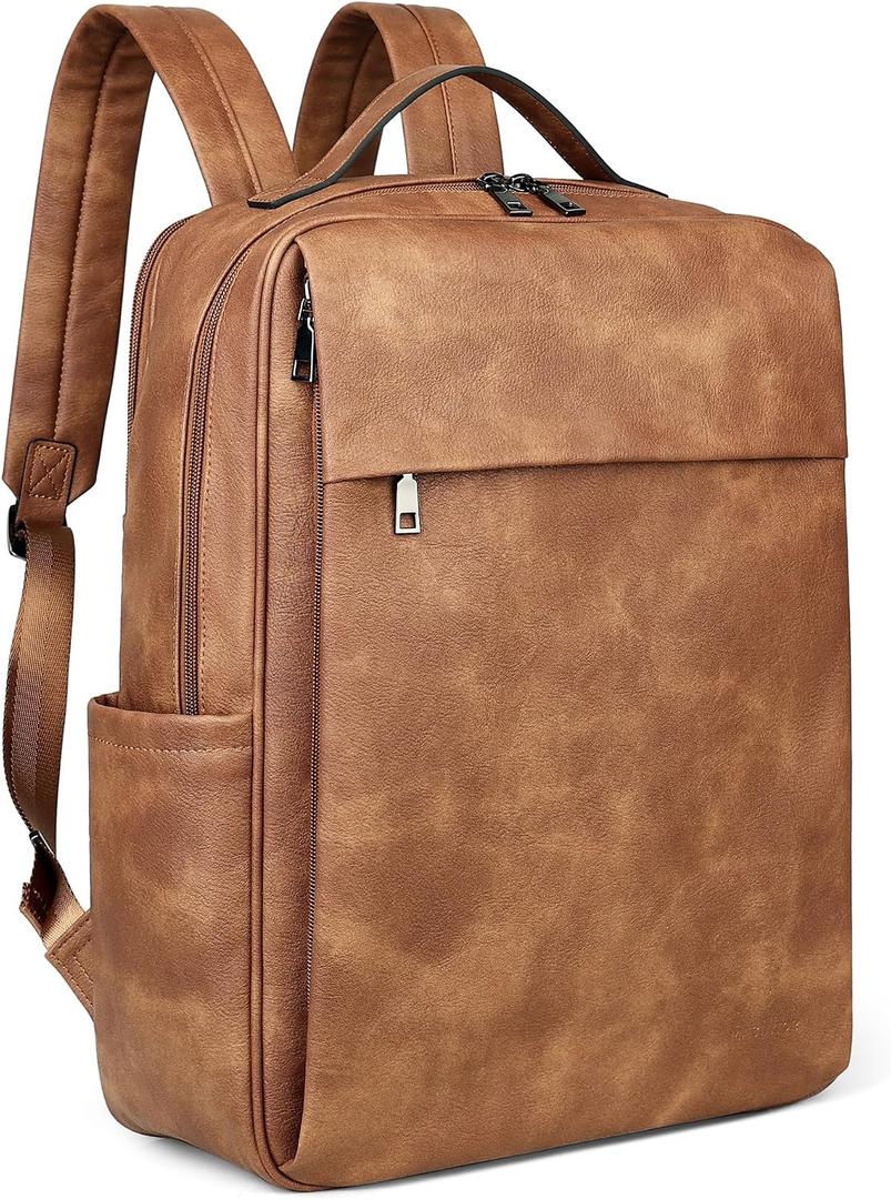 MASINTOR 15.6 inch PU Leather Laptop Backpack Purse for Women, Large College Casual Backpack Travel Bag Mocha Brown