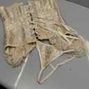 SHYMMUO Corset Top for Women Renaissance Steampunk Bustier Top Sexy Lace Up Corset Top Festival Pirate Halloween Costume (XS, Beige)