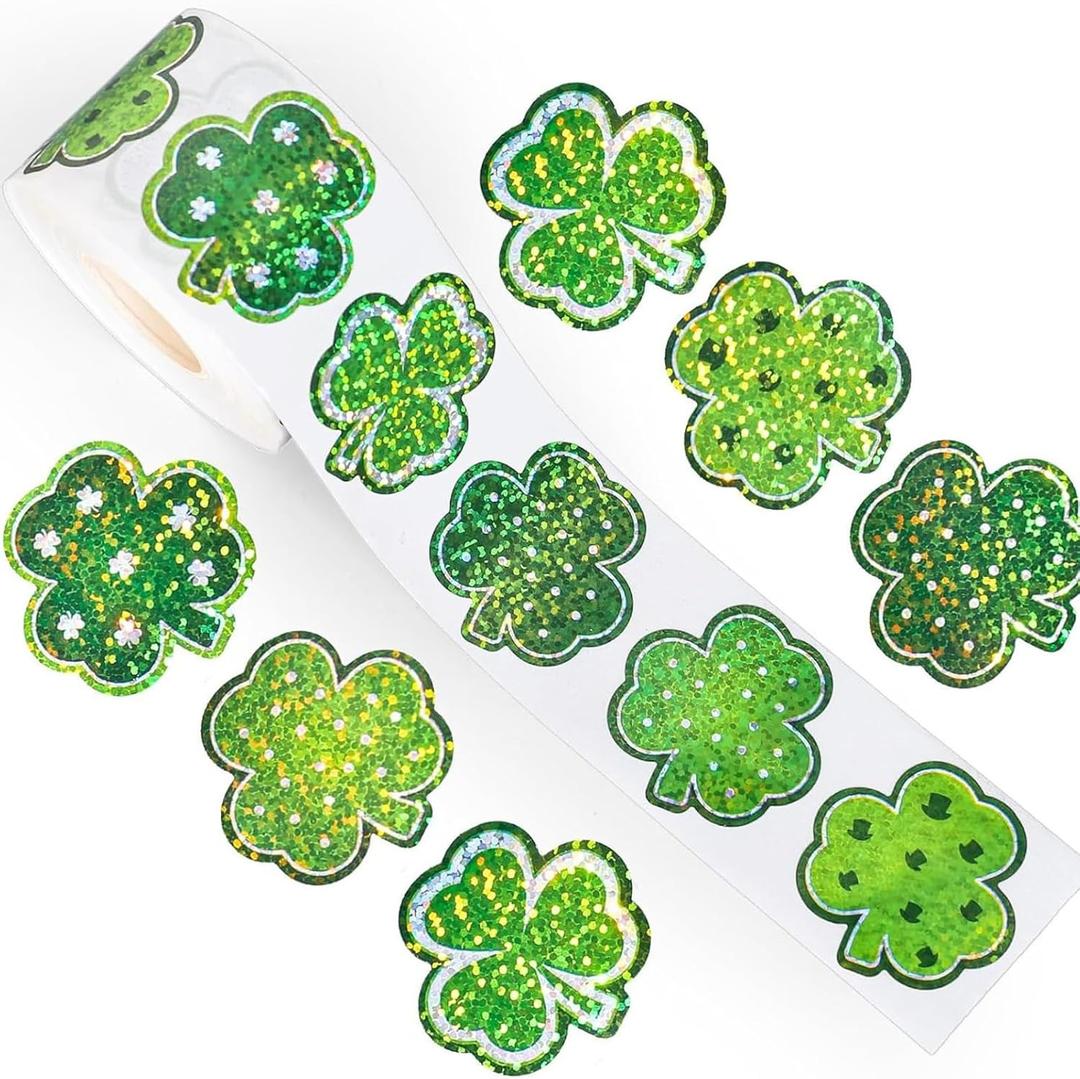 500Pcs St. Patrick's Day Sticker Rolls for Kids 1 Inch Glitter Shamrock Sticker Roll with 5 Different Designs Green Lucky Clover Self-Adhesive Decals St. Patrick's Day Envelope Scrapbook Decorations