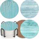 Britimes Coaster for Drinks Set of 6, Wooden Planks Blue Wood Paint Table Absorbent Round Ceramic Stone Mat, with Cork Base and Metal Holder, Gift for Housewarming Room Bar Decor